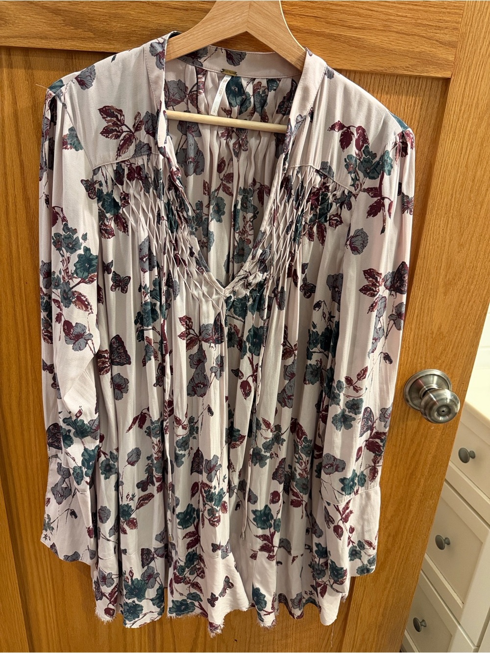 Free People Cream Floral Pleated V-Neck Tunic with Burgundy & Teal Accents